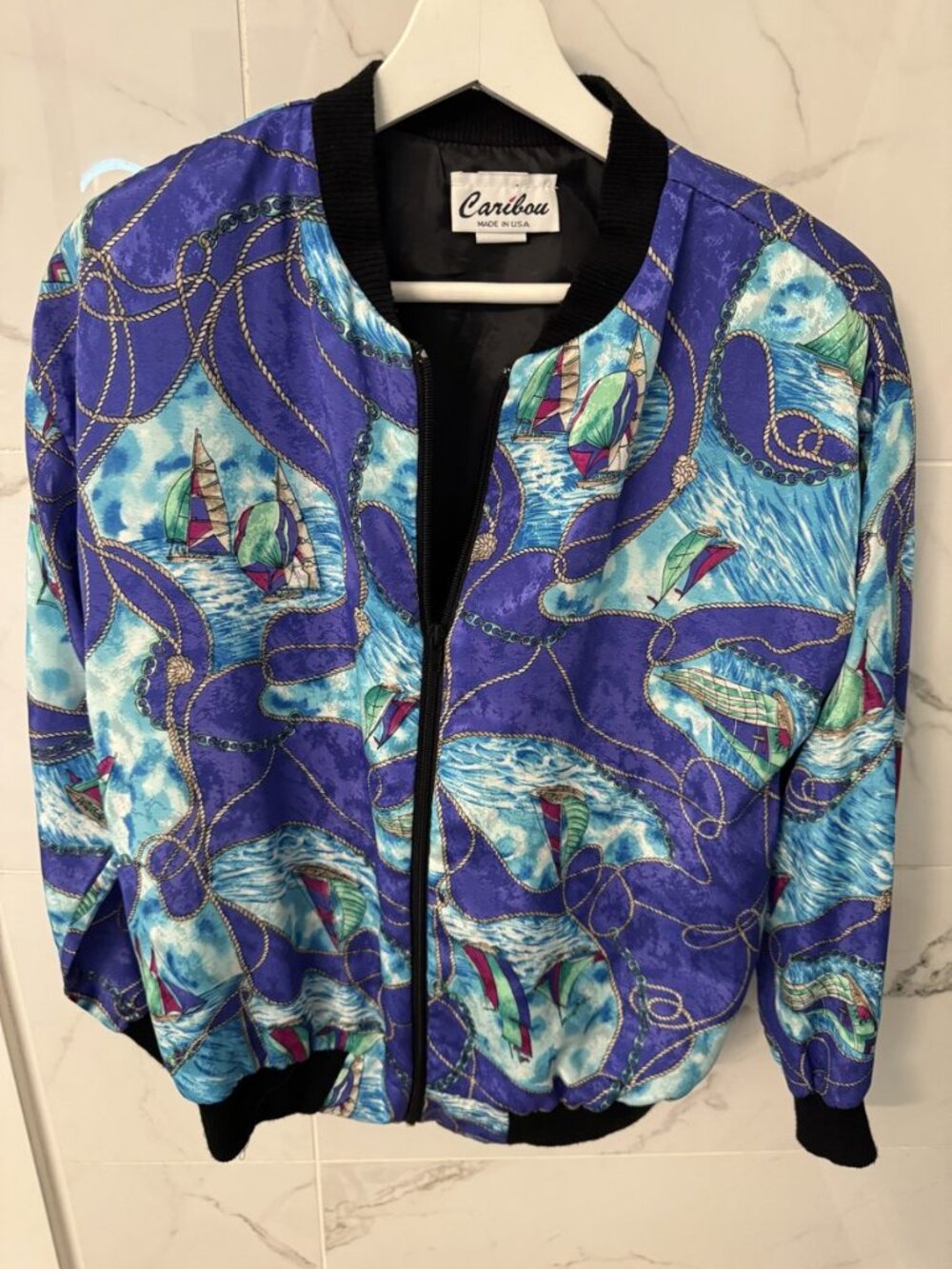 Vintage Caribou Sailboat Print Bomber Jacket Purple Blue Nautical USA Made M
